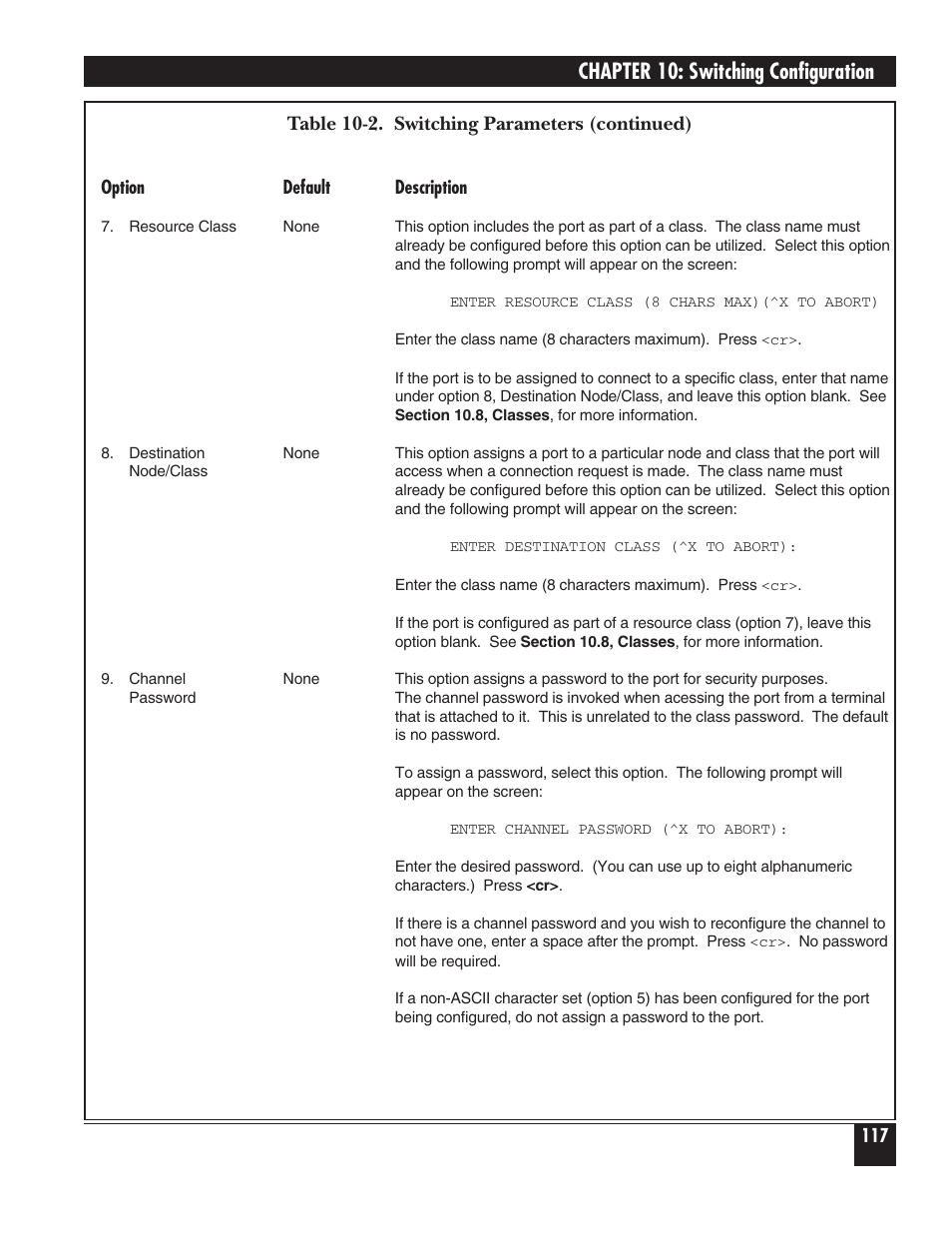Chapter 10: switching configuration, Table 10-2. switching parameters (continued) | Black Box 5000 User Manual | Page 119 / 268