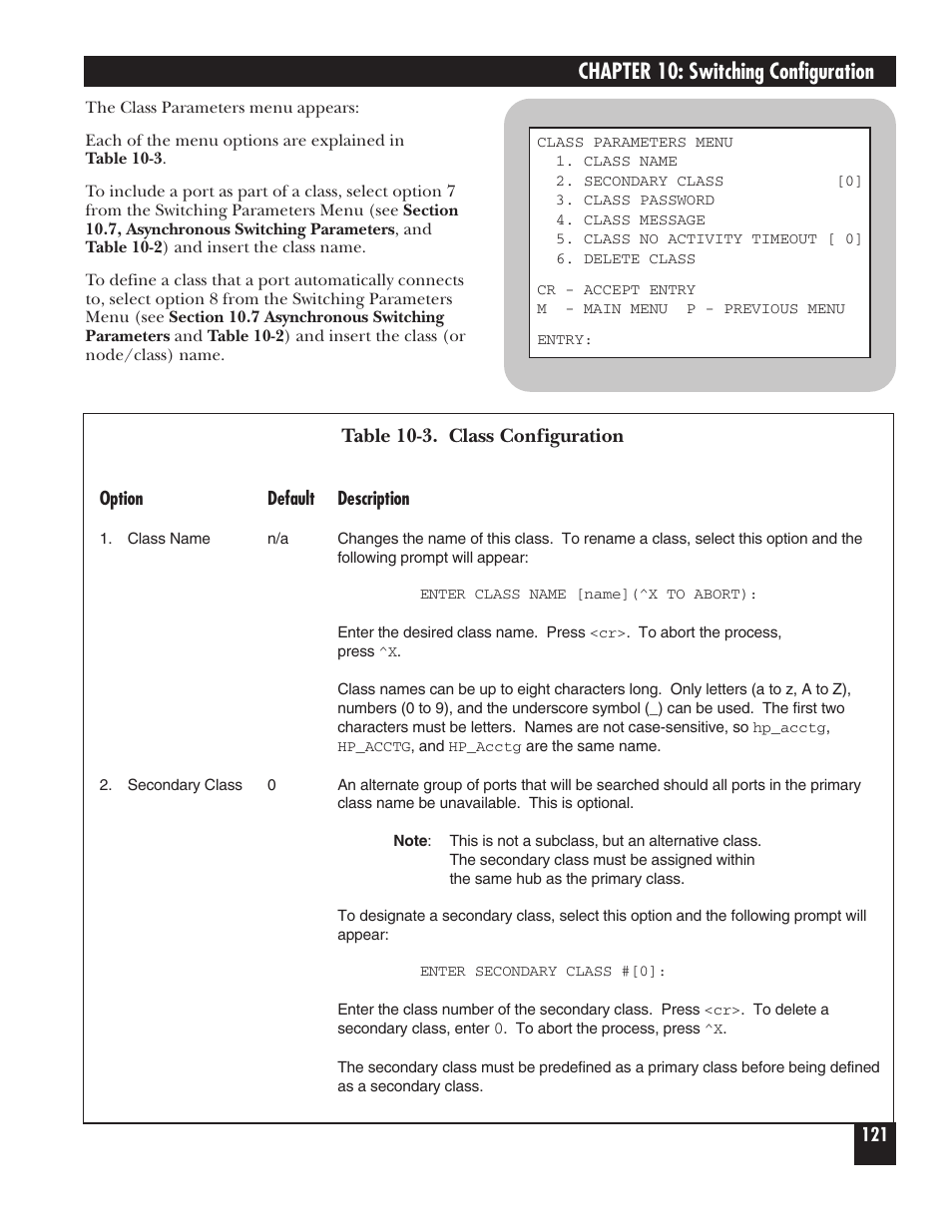 Chapter 10: switching configuration, Table 10-3. class configuration | Black Box 5000 User Manual | Page 123 / 268