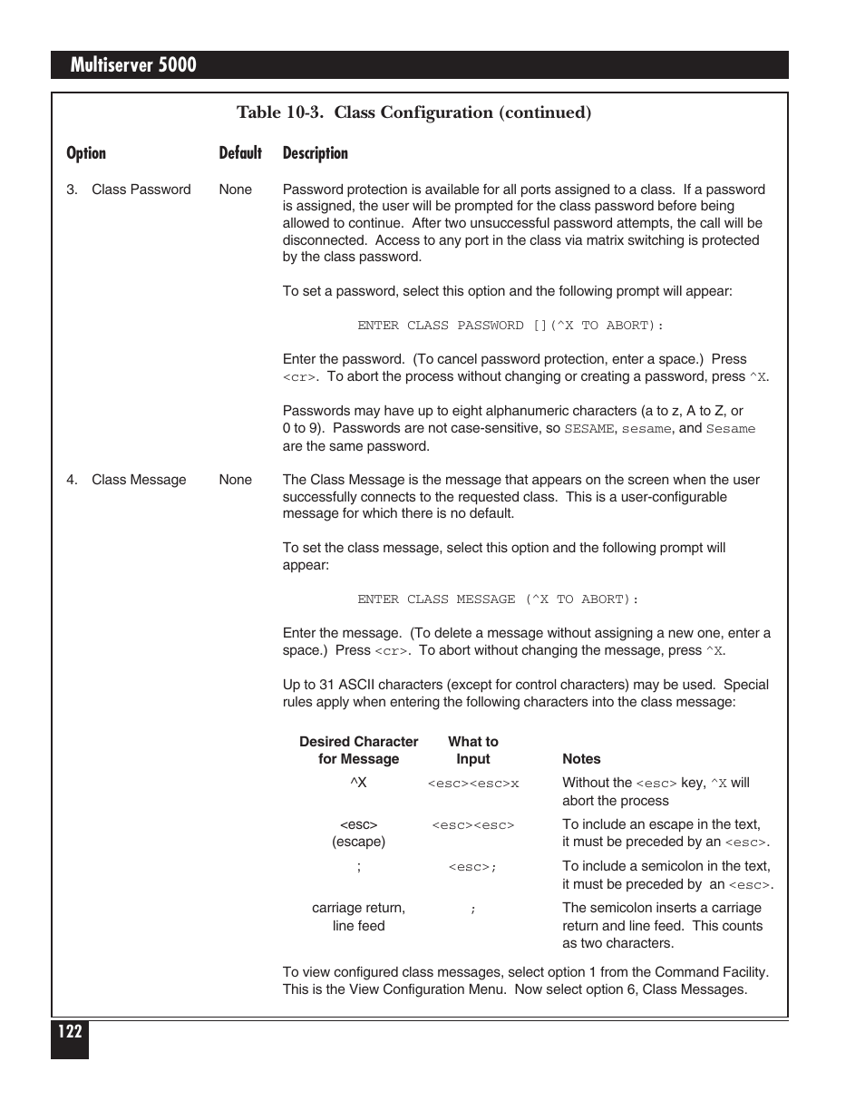 Multiserver 5000, Table 10-3. class configuration (continued) | Black Box 5000 User Manual | Page 124 / 268