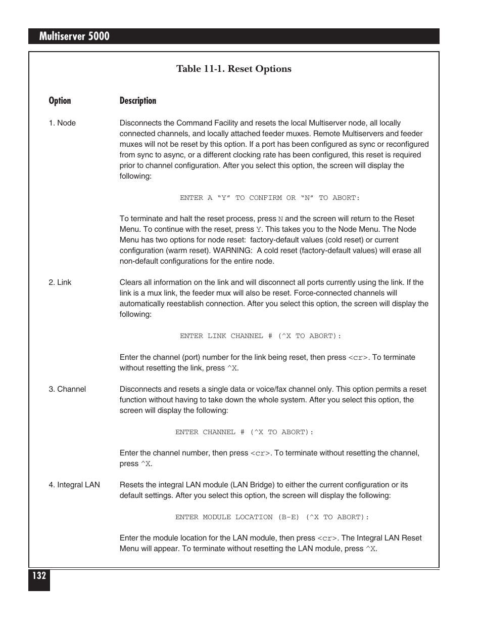 Multiserver 5000, Table 11-1. reset options | Black Box 5000 User Manual | Page 134 / 268