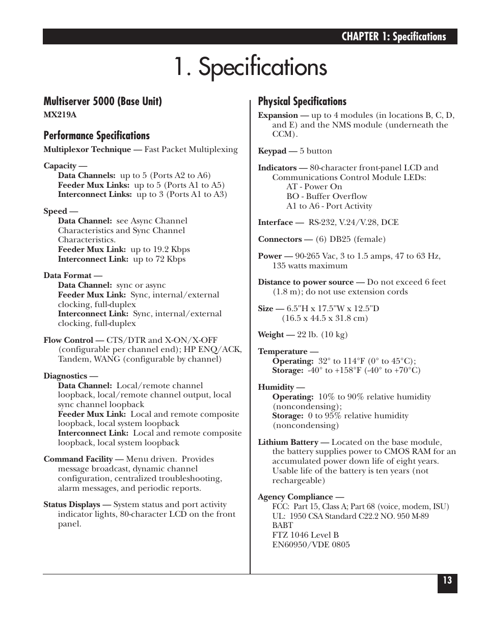 Specifications, Chapter 1: specifications, Multiserver 5000 (base unit) | Performance specifications, Physical specifications | Black Box 5000 User Manual | Page 14 / 268