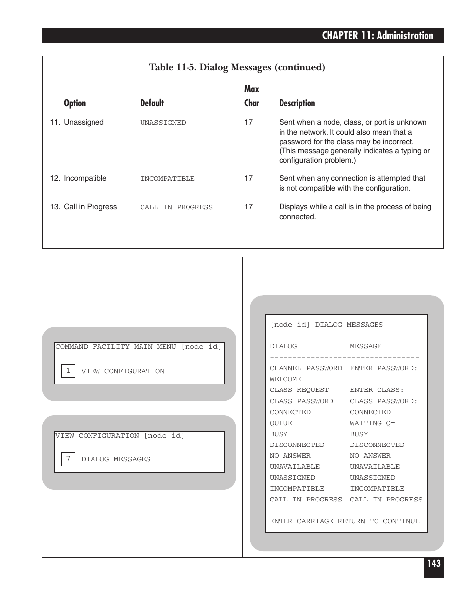 Chapter 11: administration, Table 11-5. dialog messages (continued) | Black Box 5000 User Manual | Page 145 / 268