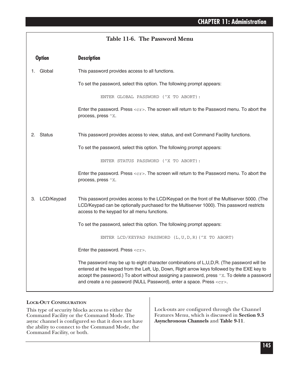 Chapter 11: administration, Table 11-6. the password menu | Black Box 5000 User Manual | Page 147 / 268