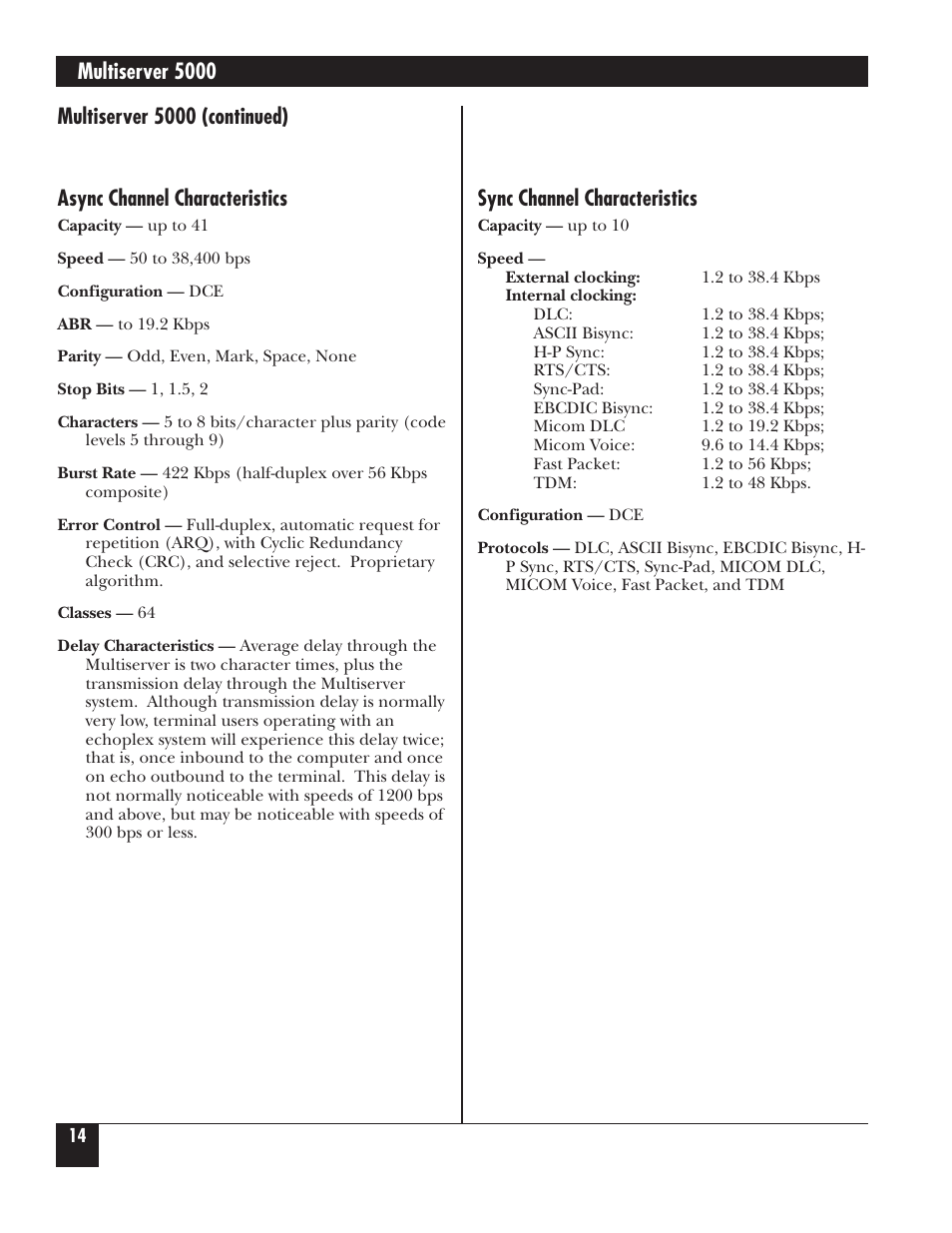 Multiserver 5000, Async channel characteristics, Sync channel characteristics | Multiserver 5000 (continued) | Black Box 5000 User Manual | Page 15 / 268