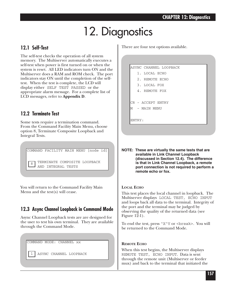 Diagnostics, Chapter 12: diagnostics, 1 self-test | 2 terminate test, 3 async channel loopback in command mode | Black Box 5000 User Manual | Page 159 / 268