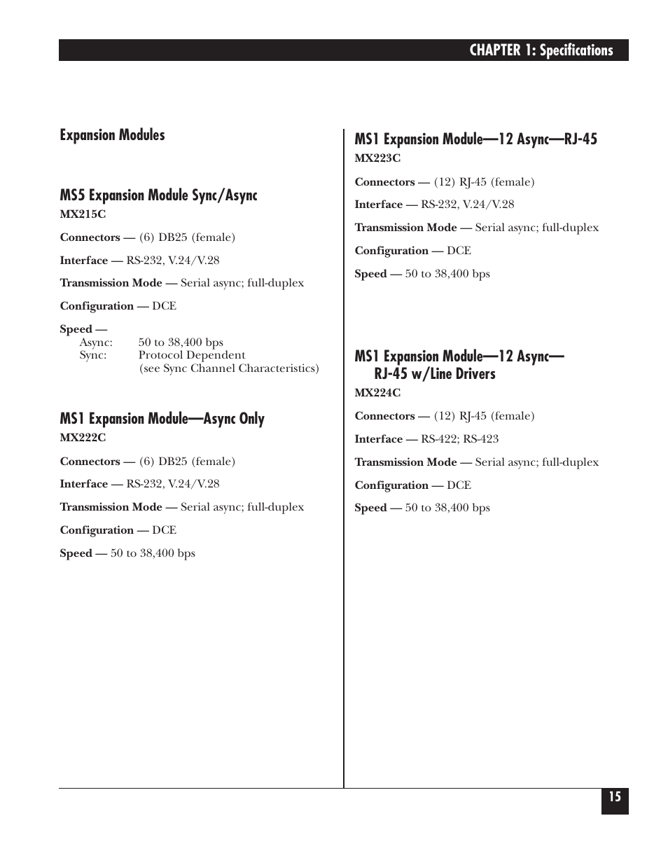 Chapter 1: specifications, Expansion modules ms5 expansion module sync/async, Ms1 expansion module—async only | Black Box 5000 User Manual | Page 16 / 268