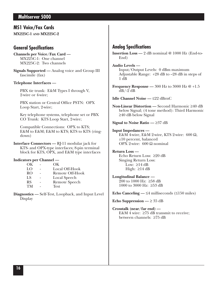 Multiserver 5000, Ms1 voice/fax cards, General specifications | Analog specifications | Black Box 5000 User Manual | Page 17 / 268