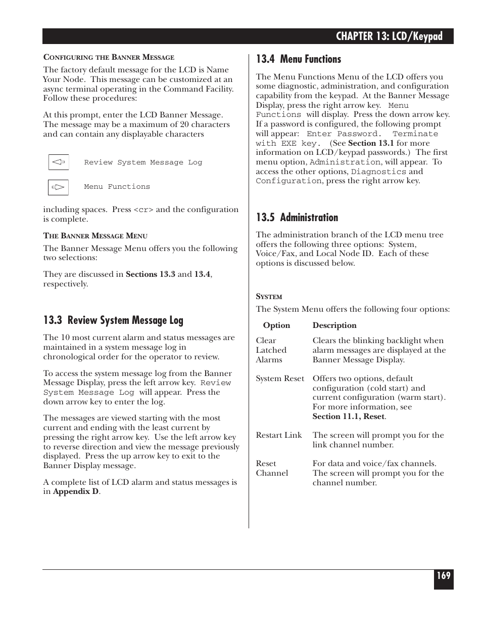 Chapter 13: lcd/keypad, 3 review system message log, 4 menu functions | 5 administration | Black Box 5000 User Manual | Page 171 / 268