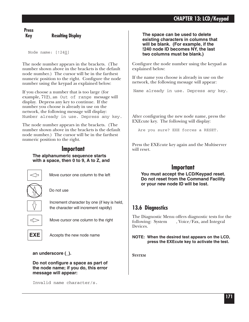 Important, Chapter 13: lcd/keypad, 6 diagnostics | Black Box 5000 User Manual | Page 173 / 268