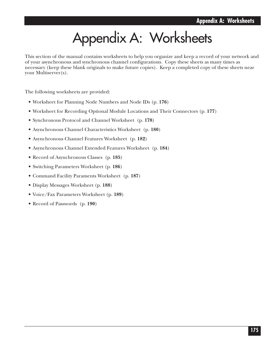 Appendix a: worksheets | Black Box 5000 User Manual | Page 177 / 268