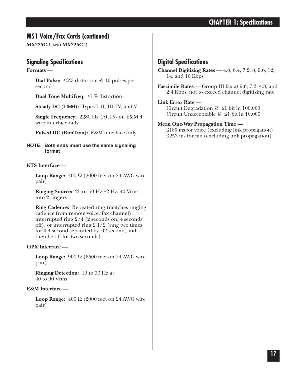 Chapter 1: specifications, Signaling specifications, Digital specifications | Ms1 voice/fax cards (continued) | Black Box 5000 User Manual | Page 18 / 268