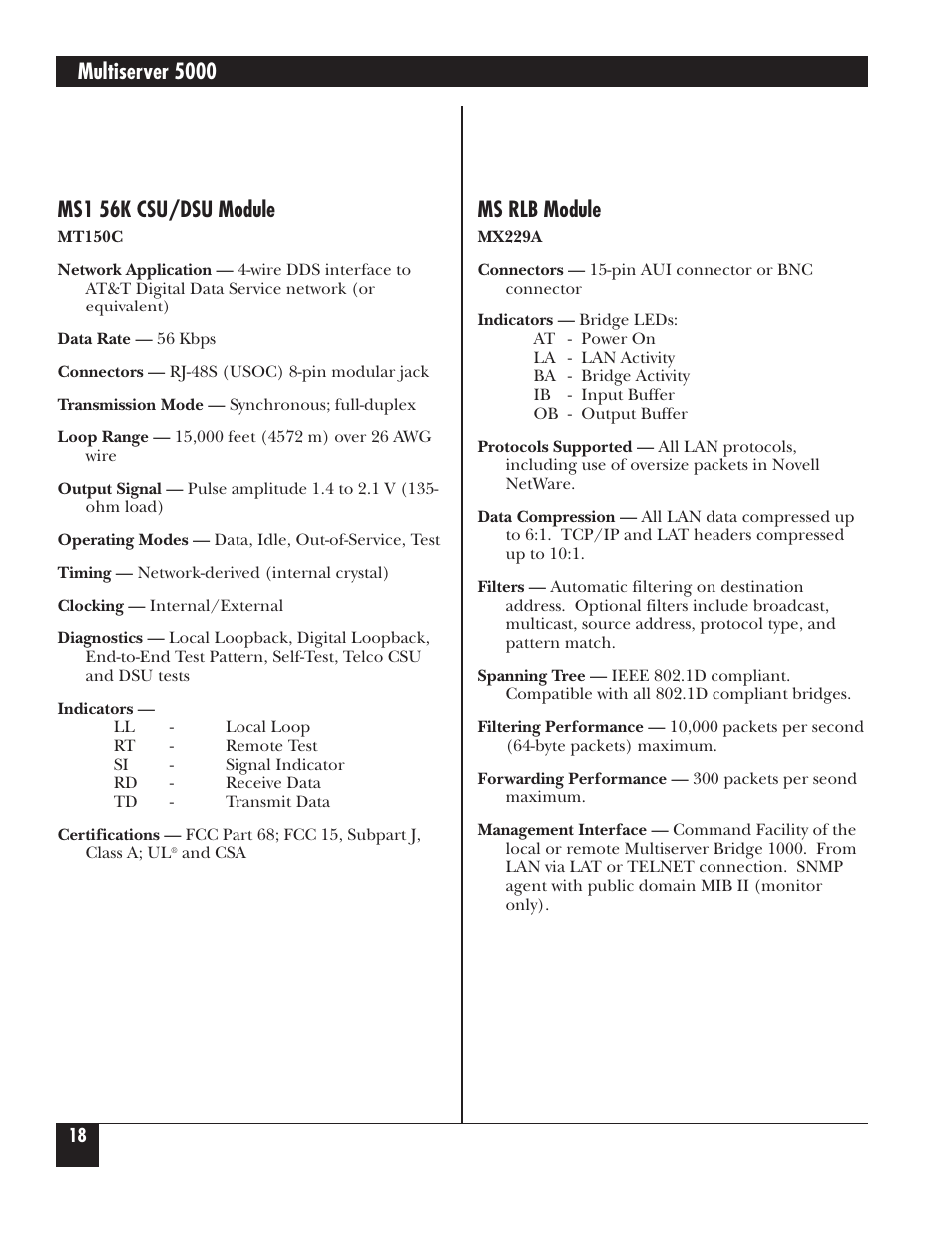 Multiserver 5000, Ms1 56k csu/dsu module, Ms rlb module | Black Box 5000 User Manual | Page 19 / 268