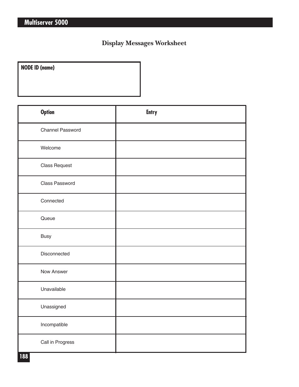 Multiserver 5000, Display messages worksheet | Black Box 5000 User Manual | Page 190 / 268