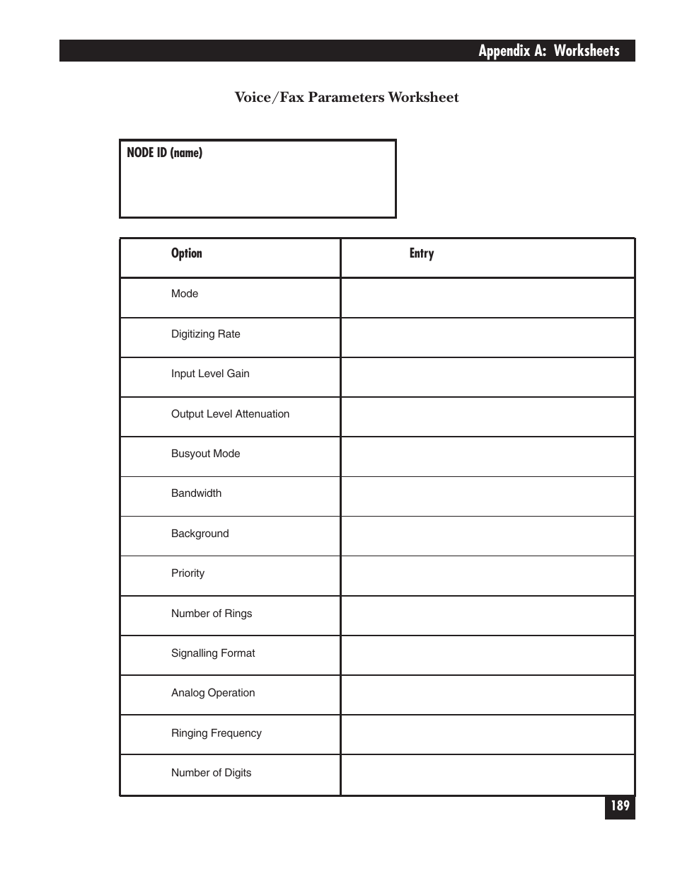 Appendix a: worksheets, Voice/fax parameters worksheet | Black Box 5000 User Manual | Page 191 / 268