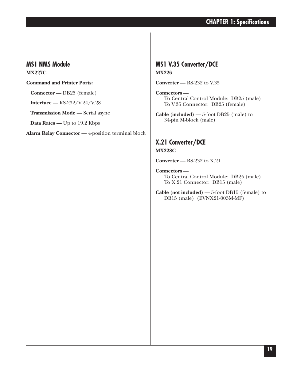 Chapter 1: specifications, Ms1 nms module, Ms1 v.35 converter/dce | X.21 converter/dce | Black Box 5000 User Manual | Page 20 / 268