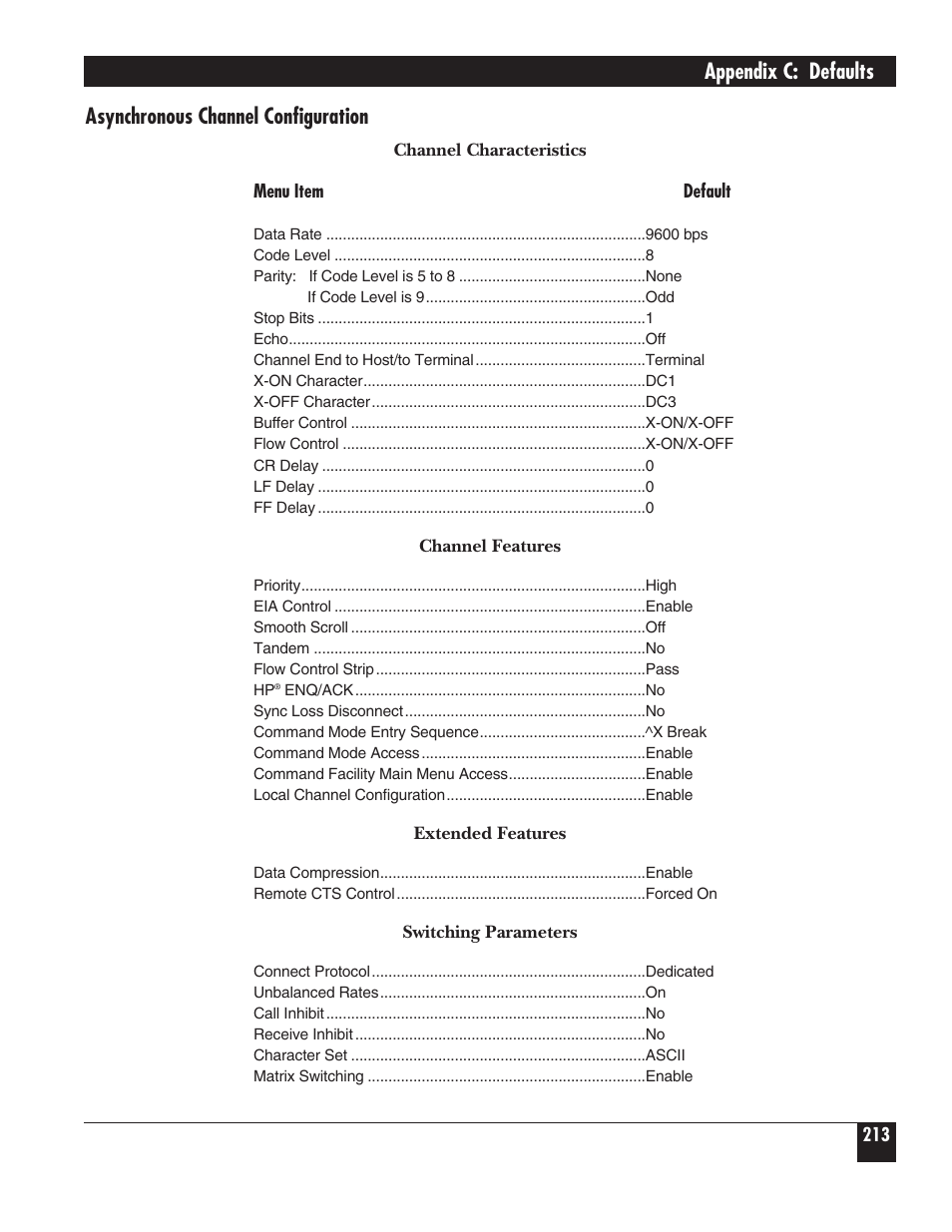 Appendix c: defaults, Asynchronous channel configuration | Black Box 5000 User Manual | Page 215 / 268