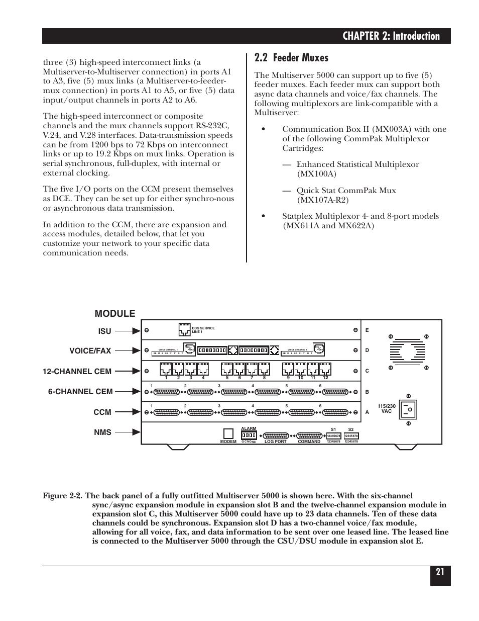 Chapter 2: introduction, 2 feeder muxes, Module | Isu voice/fax 12-channel cem 6-channel cem ccm nms | Black Box 5000 User Manual | Page 22 / 268