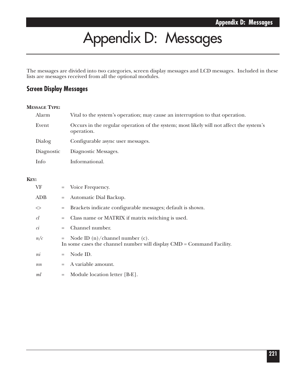 Appendix d: messages, Screen display messages | Black Box 5000 User Manual | Page 223 / 268