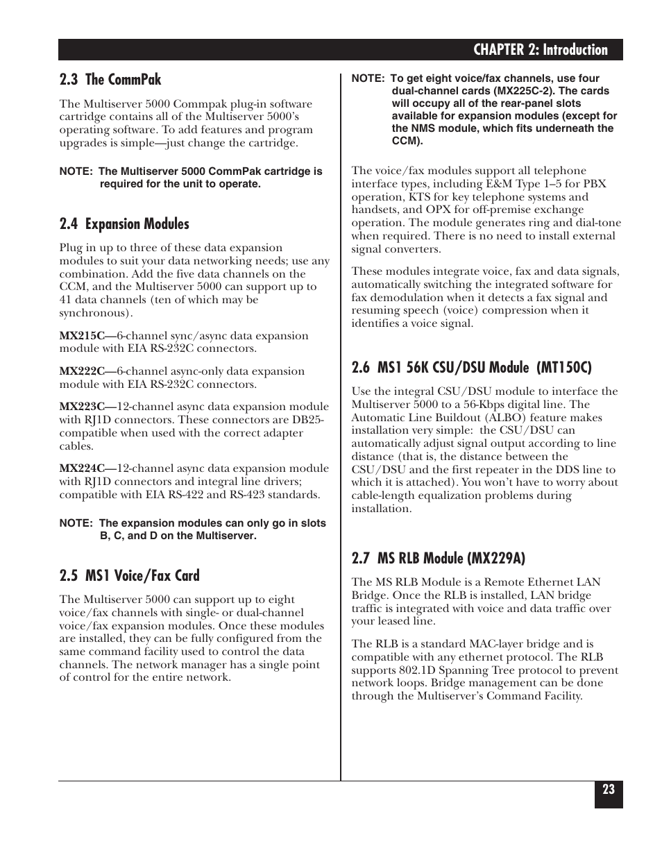 Chapter 2: introduction, 3 the commpak, 4 expansion modules | 5 ms1 voice/fax card, 7 ms rlb module (mx229a) | Black Box 5000 User Manual | Page 24 / 268