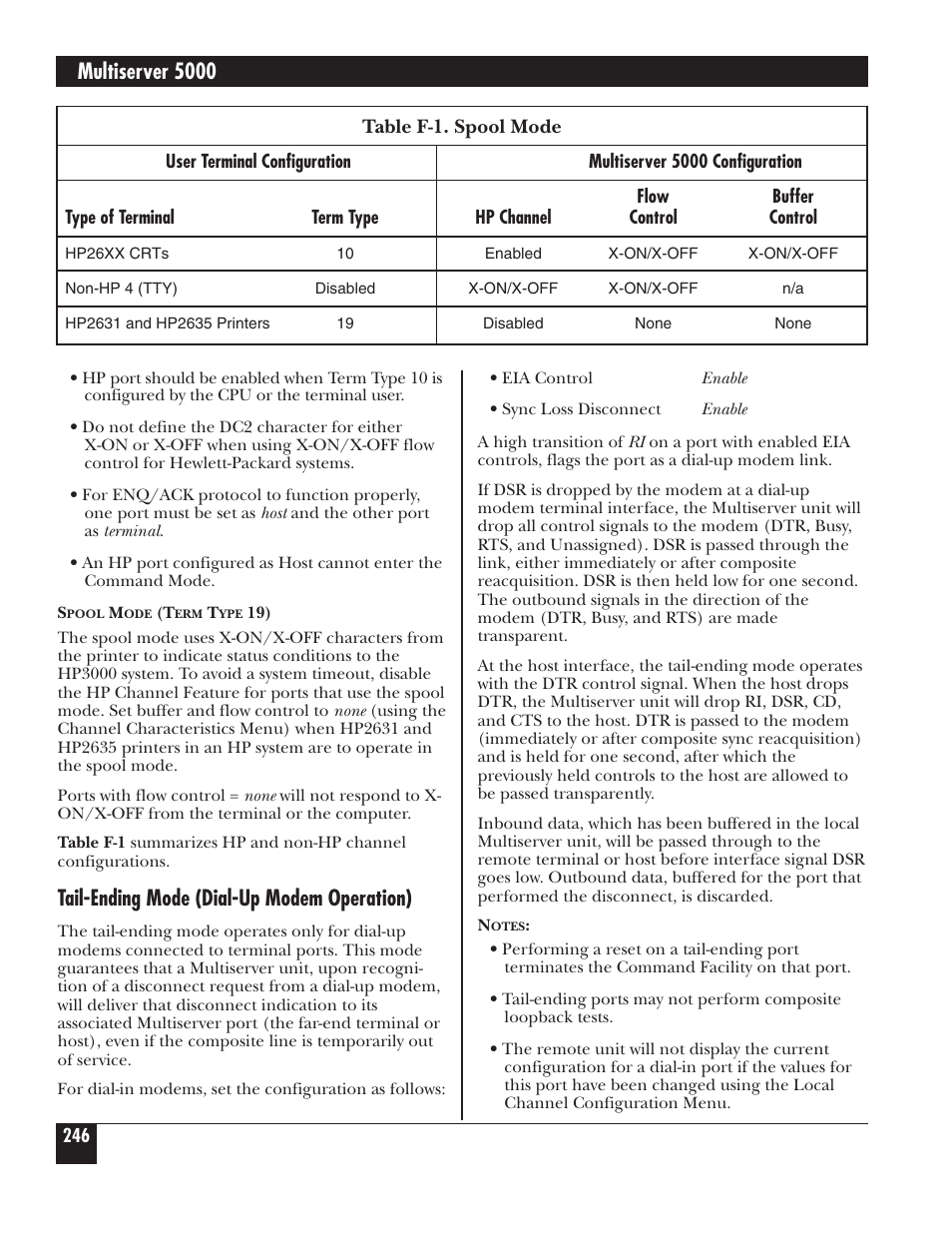Multiserver 5000, Tail-ending mode (dial-up modem operation), Table f-1. spool mode | Black Box 5000 User Manual | Page 248 / 268