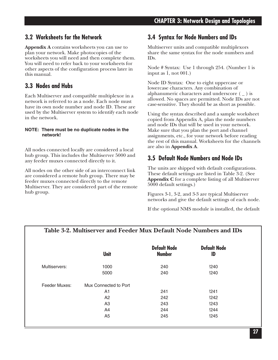 Chapter 3: network design and topologies, 4 syntax for node numbers and ids, 5 default node numbers and node ids | 2 worksheets for the network, 3 nodes and hubs | Black Box 5000 User Manual | Page 29 / 268