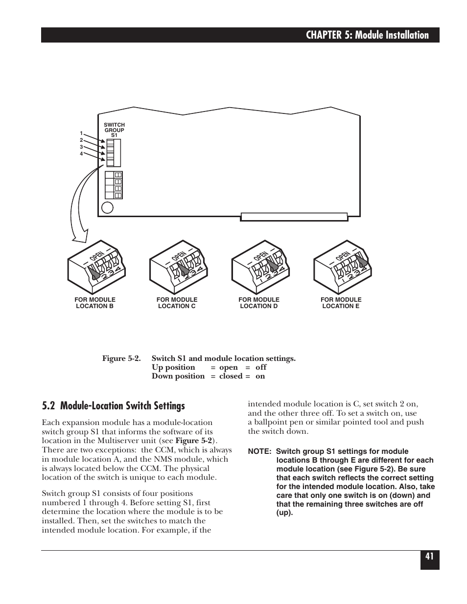 Chapter 5: module installation, 2 module-location switch settings | Black Box 5000 User Manual | Page 43 / 268
