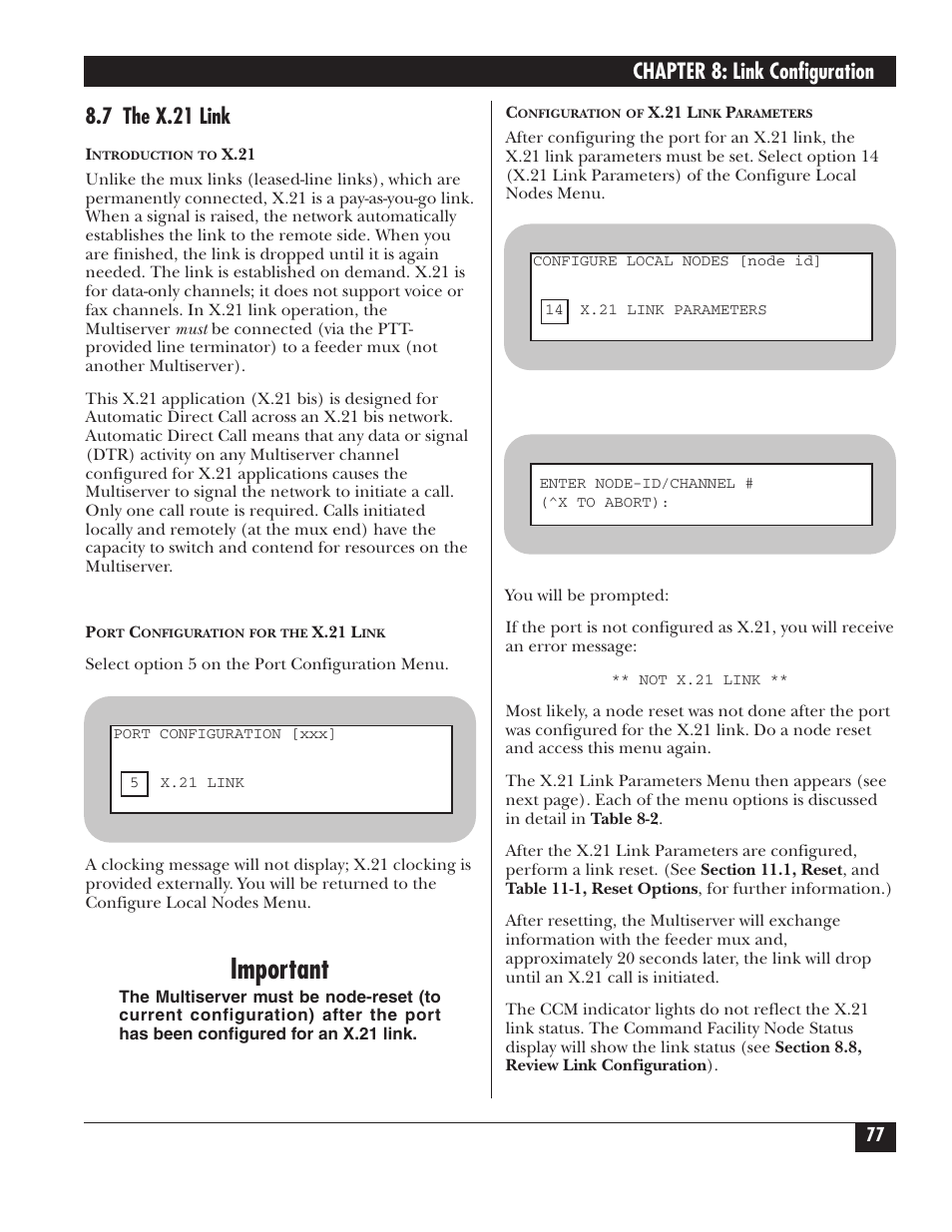 Important, Chapter 8: link configuration, 7 the x.21 link | Black Box 5000 User Manual | Page 79 / 268