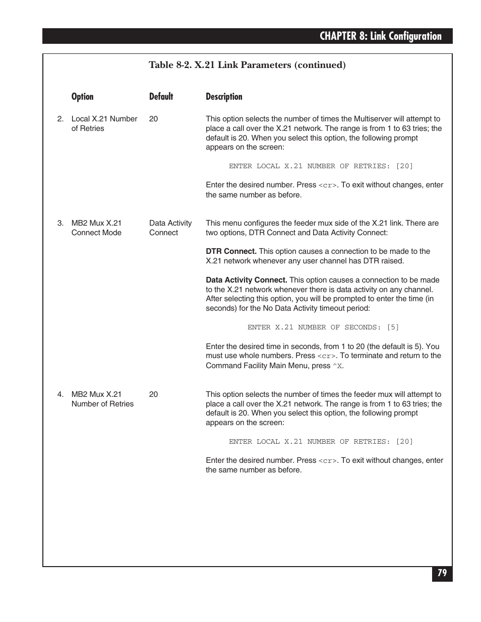 Chapter 8: link configuration, Table 8-2. x.21 link parameters (continued) | Black Box 5000 User Manual | Page 81 / 268