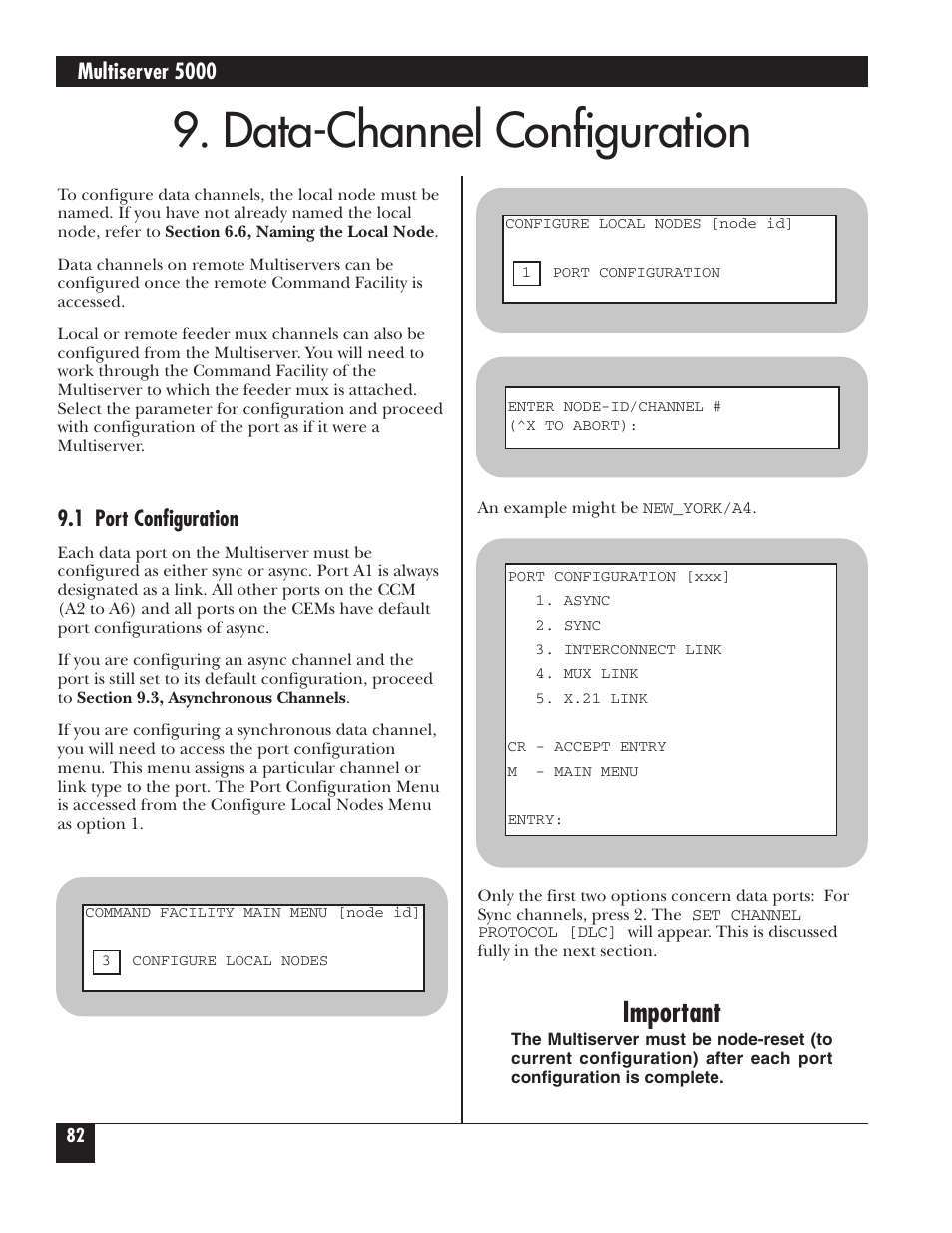 Data-channel configuration, Important, Multiserver 5000 | 1 port configuration | Black Box 5000 User Manual | Page 84 / 268