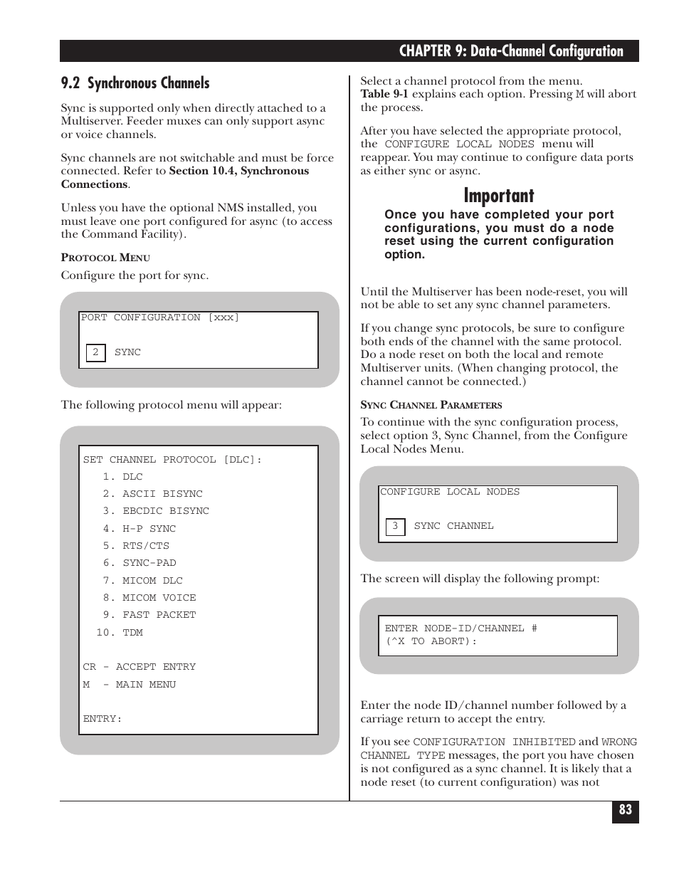 Important, Chapter 9: data-channel configuration, 2 synchronous channels | Black Box 5000 User Manual | Page 85 / 268