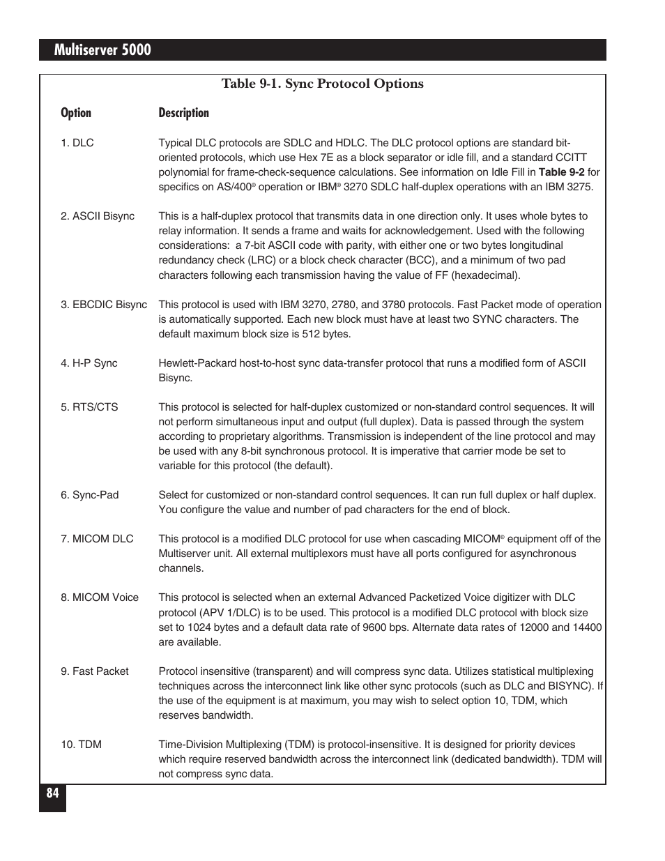 Multiserver 5000, Table 9-1. sync protocol options | Black Box 5000 User Manual | Page 86 / 268