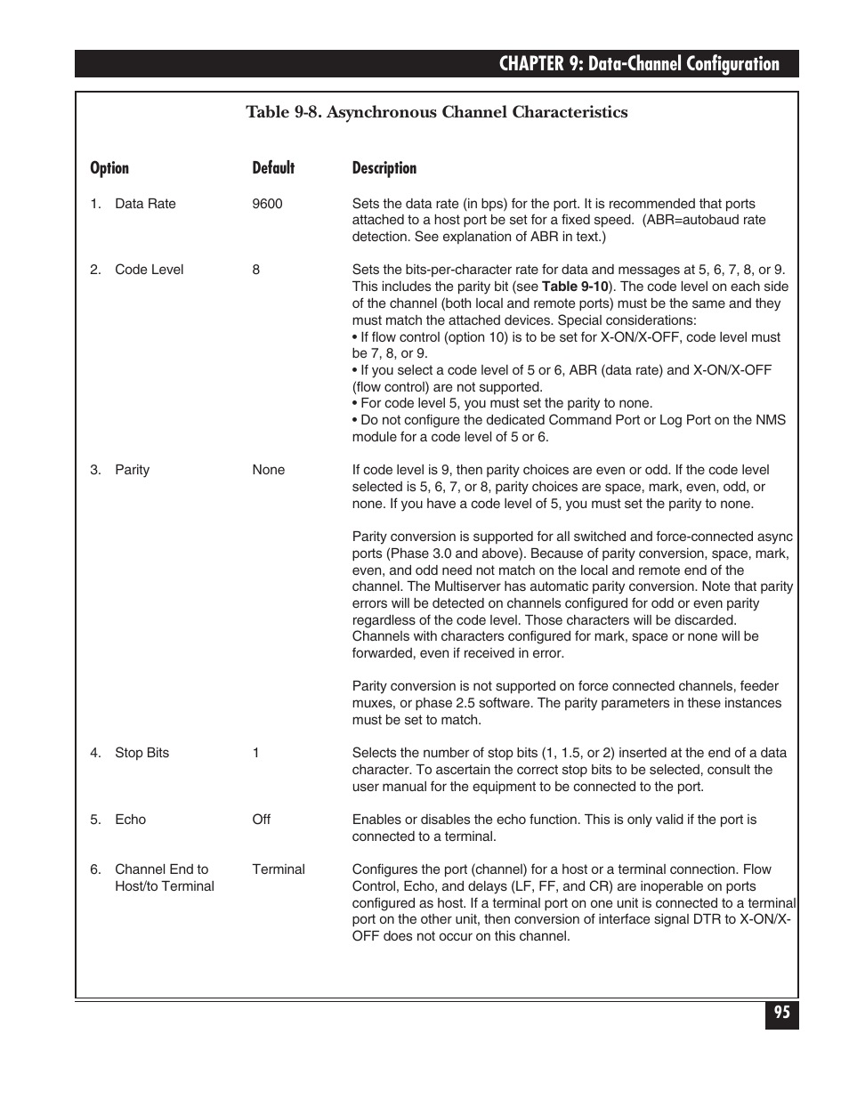 Chapter 9: data-channel configuration, Table 9-8. asynchronous channel characteristics | Black Box 5000 User Manual | Page 97 / 268