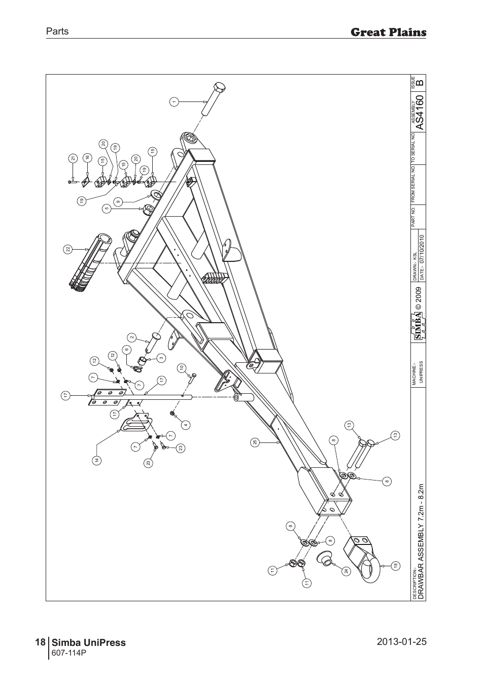 Unipress, 52 7. parts and assembly, Ba s4 16 0 | Parts 18 simba unipress, Operating instructions, 114p, Si m b a | Great Plains Simba UniPress Parts Manual User Manual | Page 18 / 166