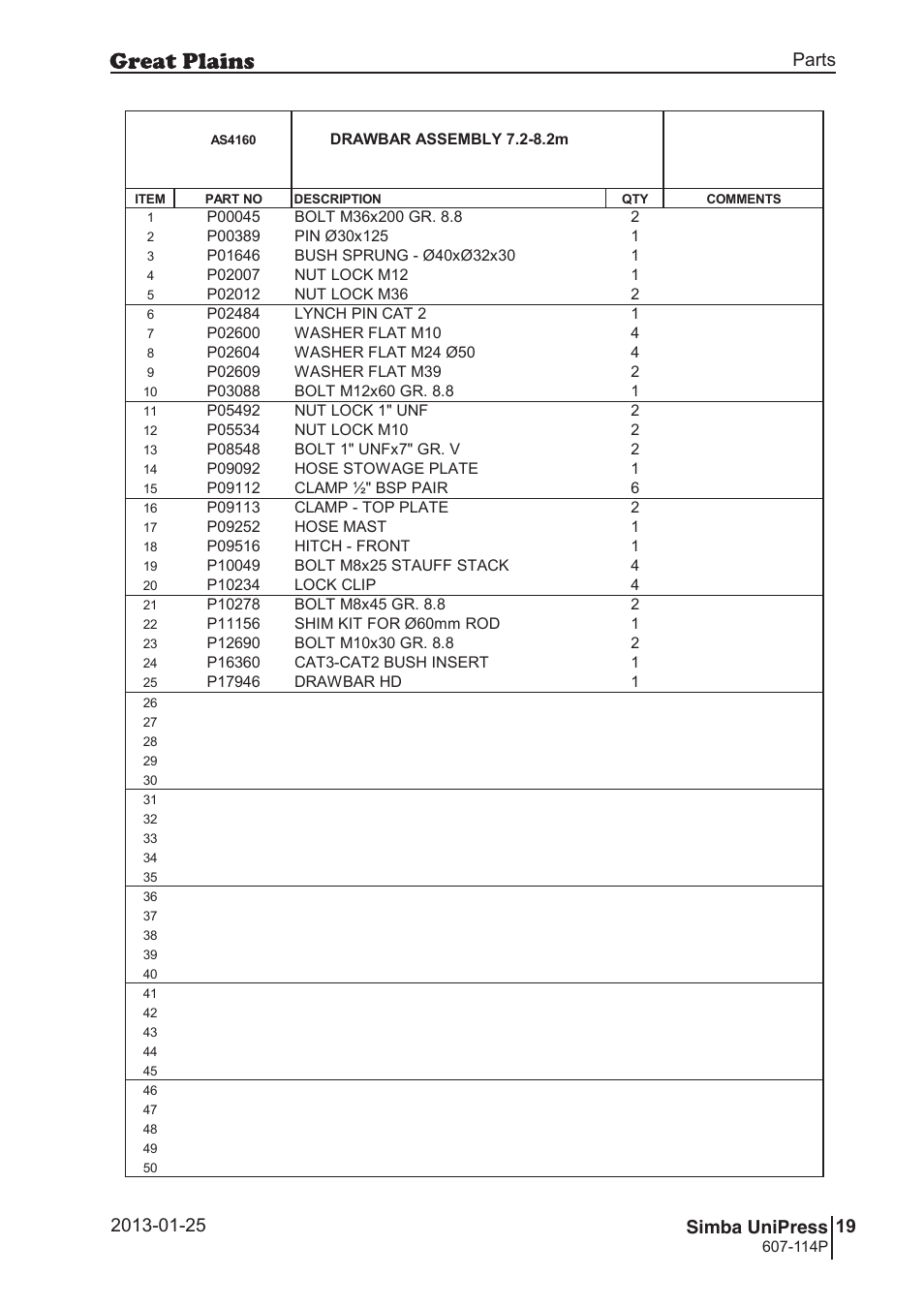 Unipress, 52 7. parts and assembly, Ba s4 16 0 | 53 unipress, Parts and assembly, Parts 19 simba unipress, Operating instructions, Drawbar assembly 7.2-8.2m, 114p, Si m b a | Great Plains Simba UniPress Parts Manual User Manual | Page 19 / 166