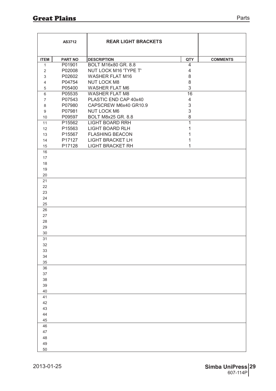 Unipress, 62 7. parts and assembly, As3 71 2 | 63 unipress, Parts and assembly, Parts 29 simba unipress, Operating instructions, Rear light brackets, 114p, Si m b a | Great Plains Simba UniPress Parts Manual User Manual | Page 29 / 166