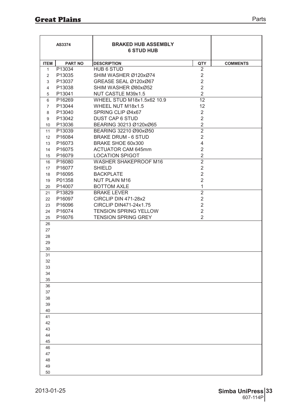 Unipress, 66 7. parts and assembly, Aas 33 74 | 67 unipress, Parts and assembly, Parts 33 simba unipress, Operating instructions, Braked hub assembly 6 stud hub, 114p | Great Plains Simba UniPress Parts Manual User Manual | Page 33 / 166