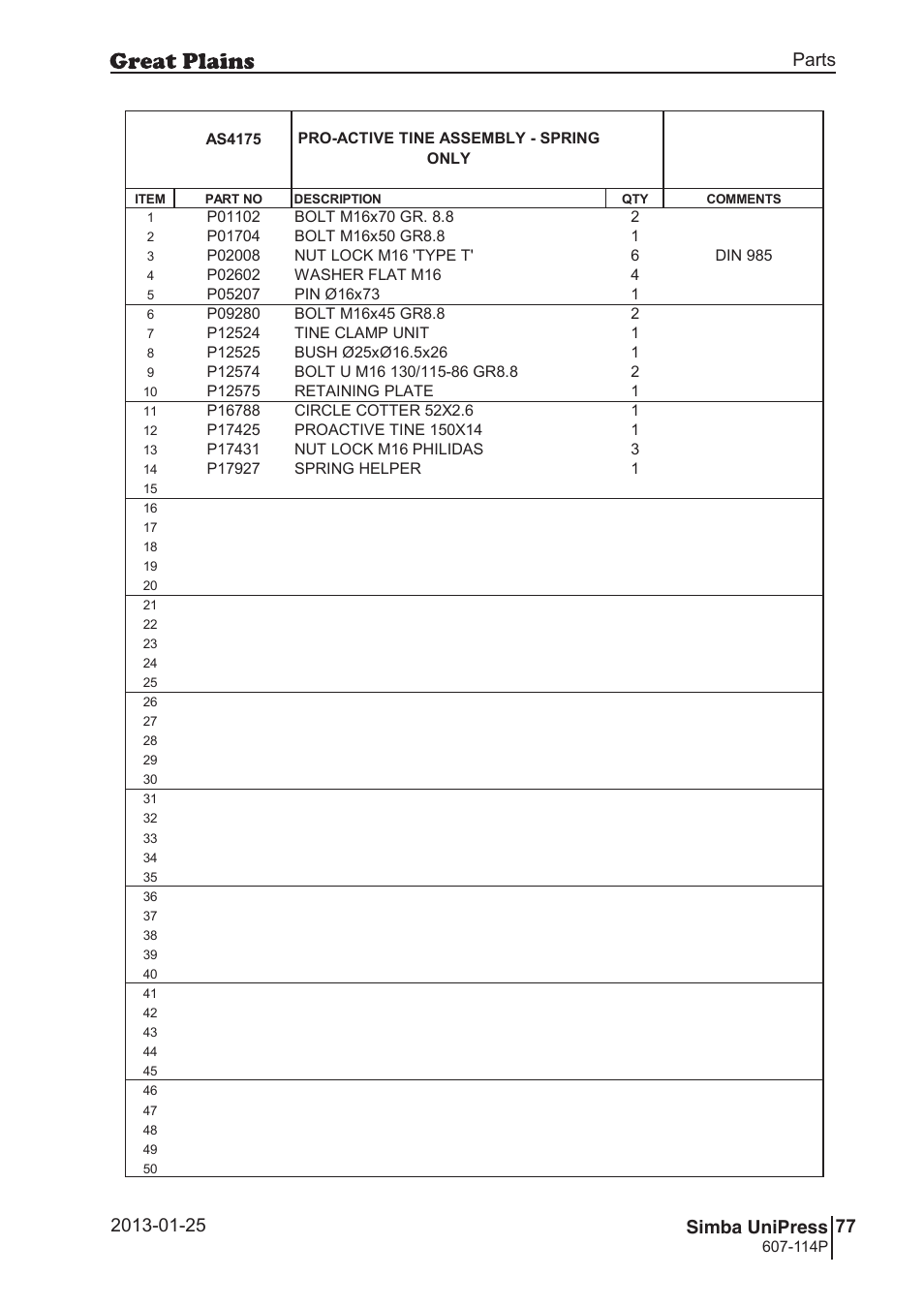 Unipress, 110 7. parts and assembly, Ba s4 17 5 | 111 unipress, Parts and assembly, Parts 77 simba unipress, Operating instructions, As4175, Pro-active tine assembly - spring only, 114p | Great Plains Simba UniPress Parts Manual User Manual | Page 77 / 166
