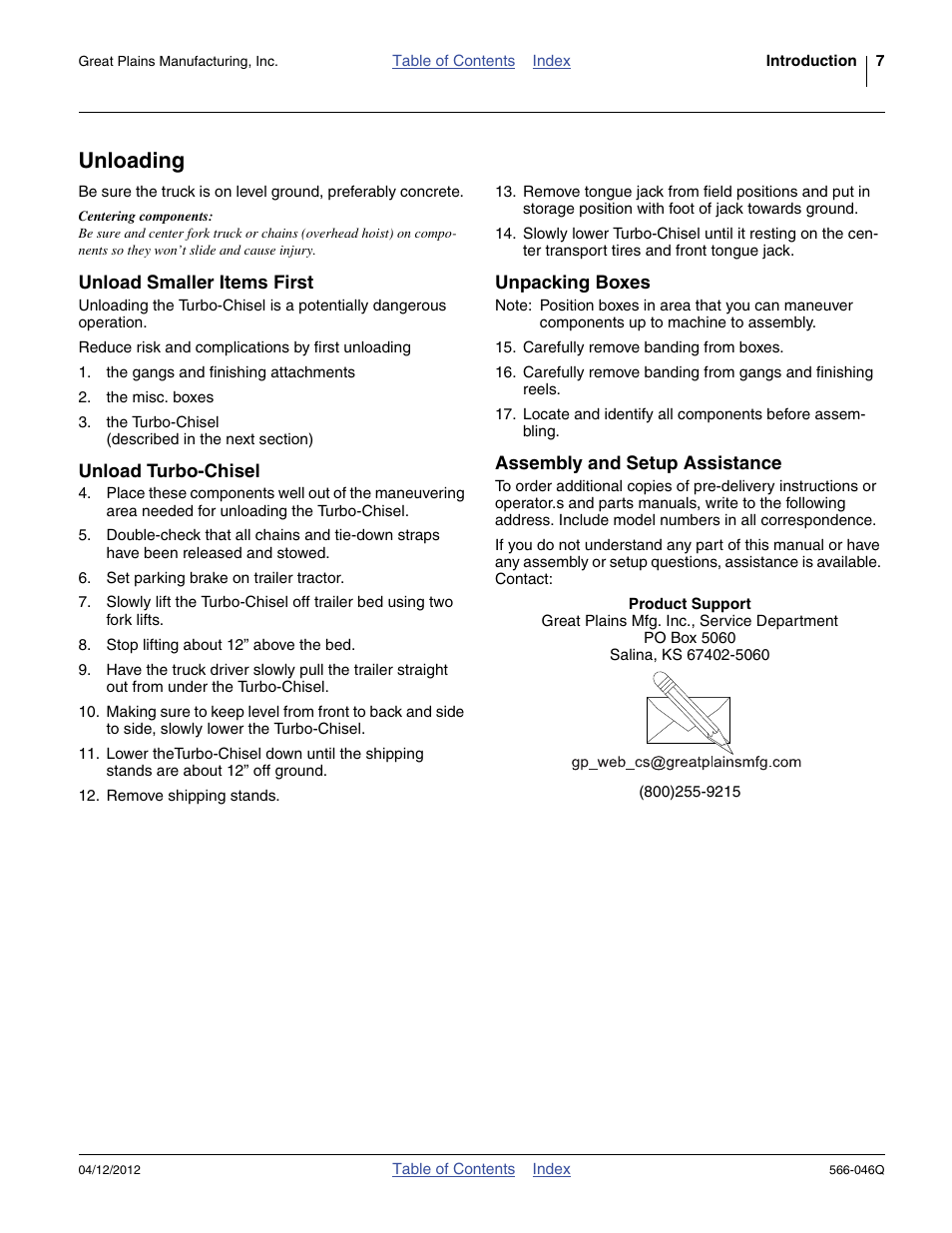 Unloading, Unload smaller items first, Unload turbo-chisel | Unpacking boxes, Assembly and setup assistance | Great Plains TC5319 Predelivery Manual User Manual | Page 11 / 64