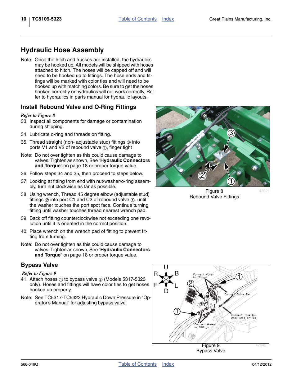 Hydraulic hose assembly, Install rebound valve and o-ring fittings, Bypass valve | Great Plains TC5319 Predelivery Manual User Manual | Page 14 / 64