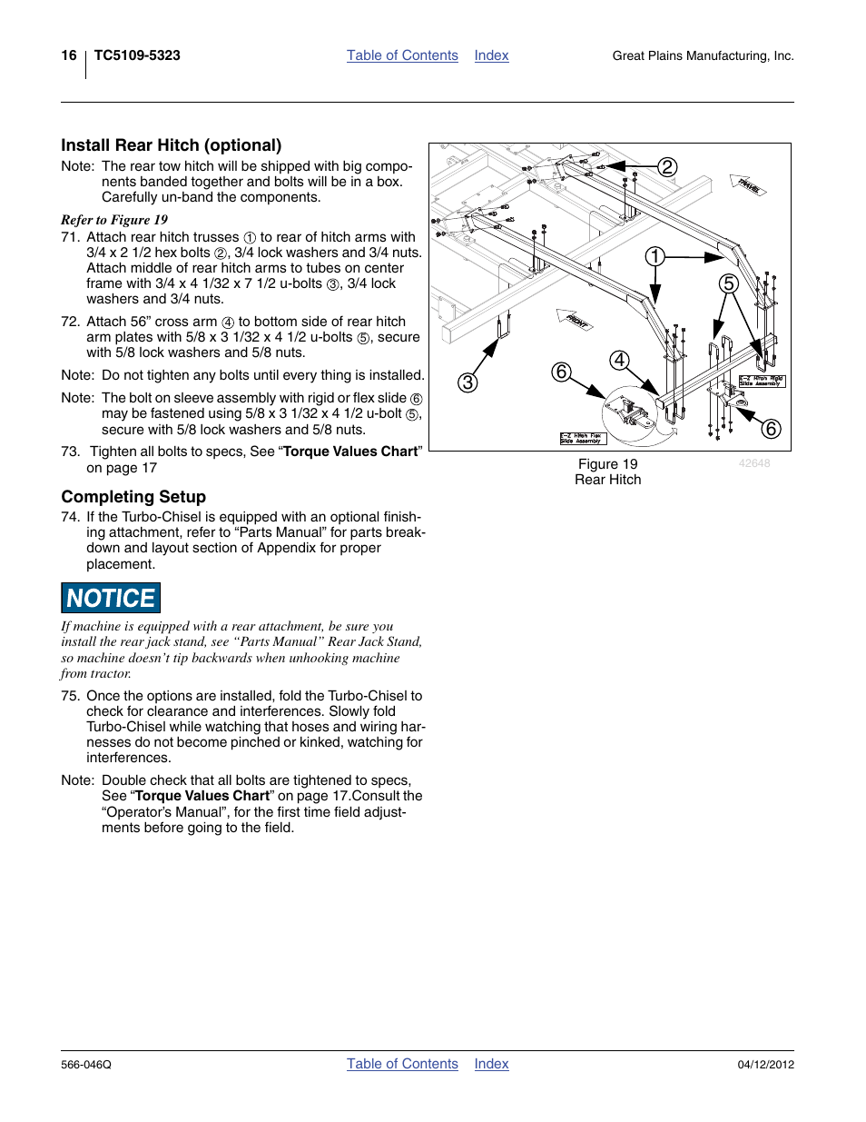Install rear hitch (optional), Completing setup, Install rear hitch (optional) completing setup | Great Plains TC5319 Predelivery Manual User Manual | Page 20 / 64