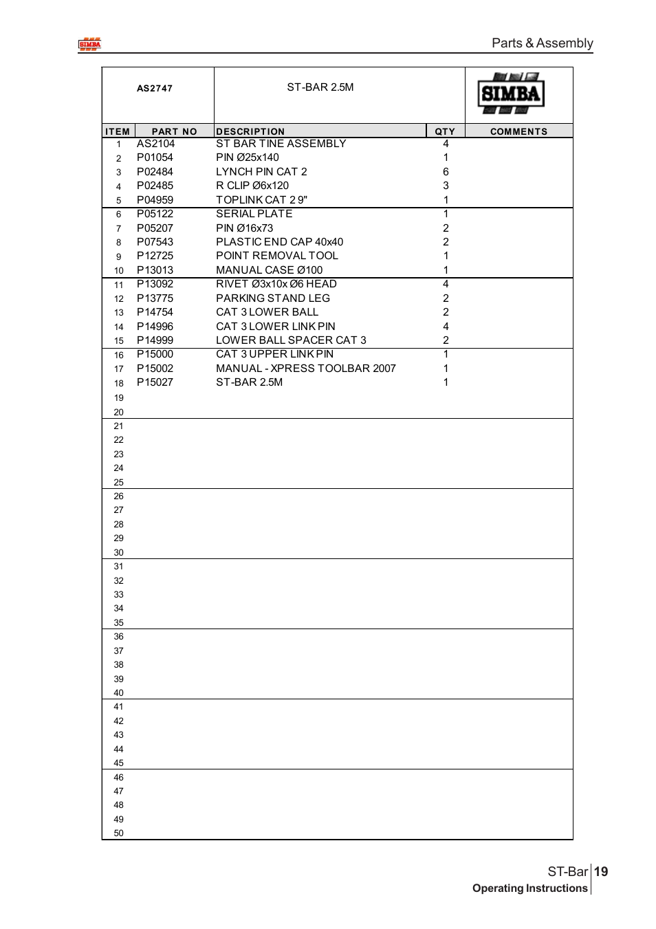 19 st-bar, Parts & assembly | Great Plains P15002 Serial No 12699 to 12723 User Manual | Page 19 / 32