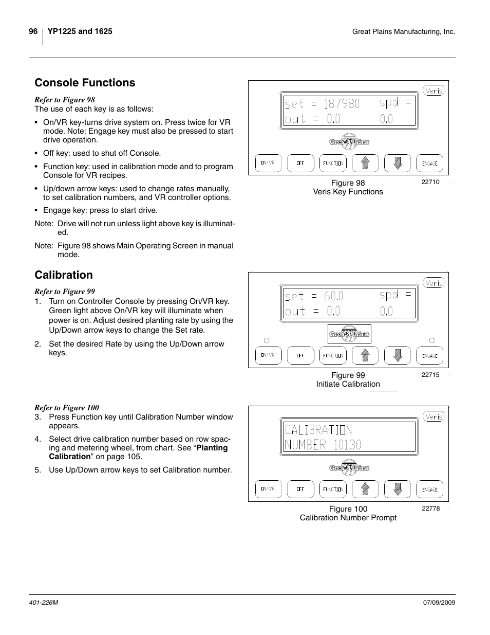 Console functions, Calibration, Console functions calibration | Great Plains YP1625 Operator Manual User Manual | Page 100 / 134