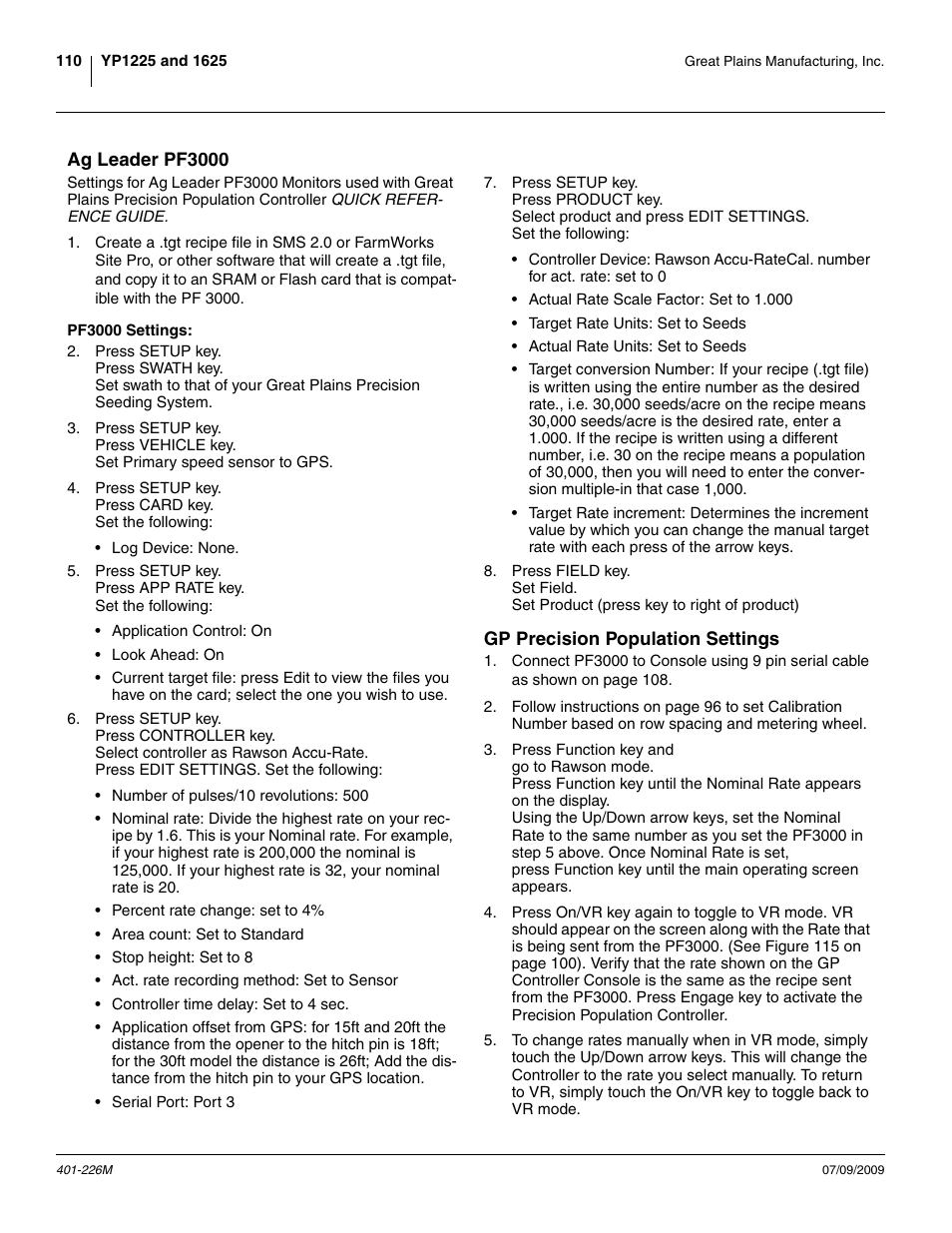Ag leader pf3000, Pf3000 settings, Gp precision population settings | Pf3000 settings: gp precision population settings | Great Plains YP1625 Operator Manual User Manual | Page 114 / 134