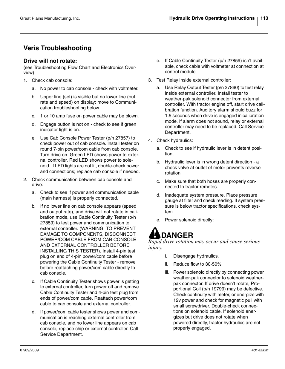 Veris troubleshooting, Drive will not rotate, Danger | Great Plains YP1625 Operator Manual User Manual | Page 117 / 134