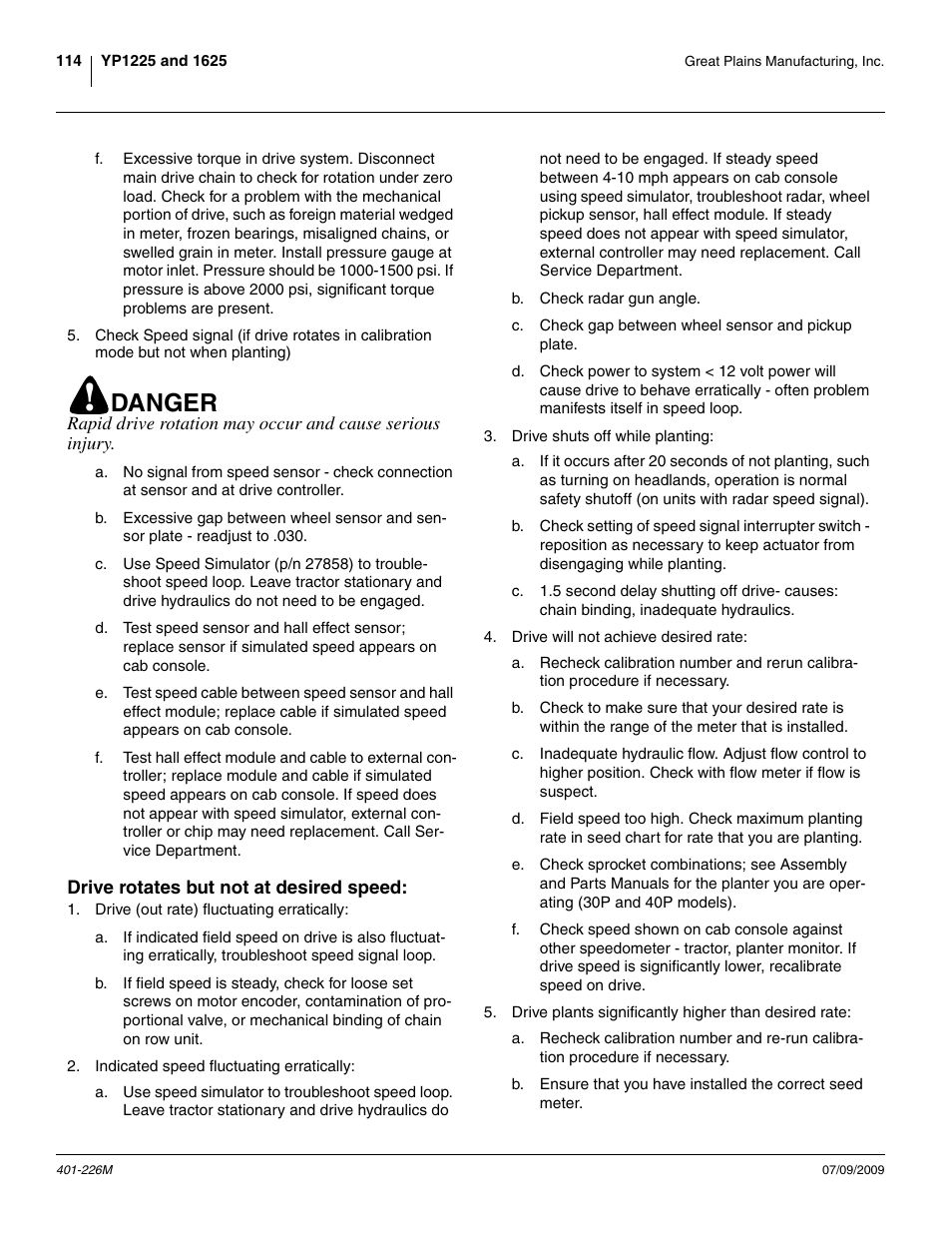 Drive rotates but not at desired speed, Danger | Great Plains YP1625 Operator Manual User Manual | Page 118 / 134