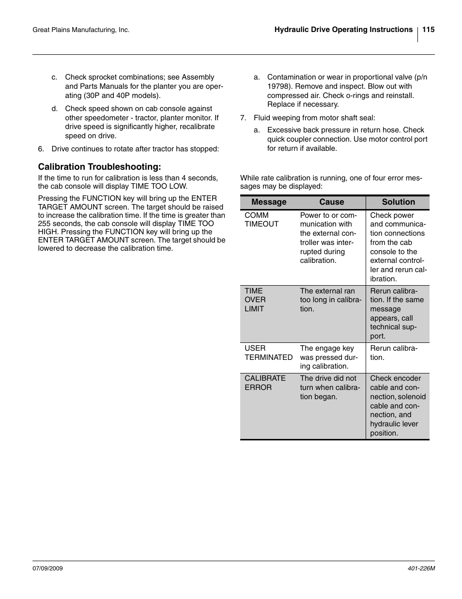 Calibration troubleshooting | Great Plains YP1625 Operator Manual User Manual | Page 119 / 134
