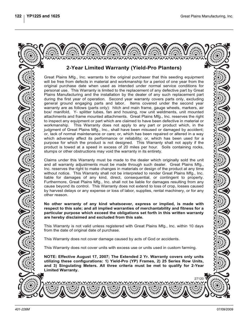 Warranty, Year limited warranty (yield-pro planters) | Great Plains YP1625 Operator Manual User Manual | Page 126 / 134