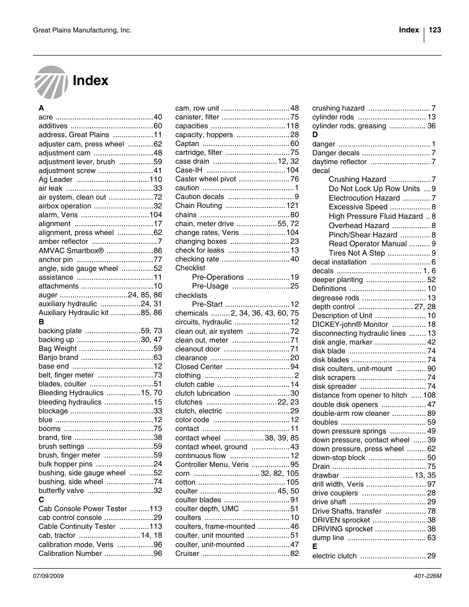 Index | Great Plains YP1625 Operator Manual User Manual | Page 127 / 134
