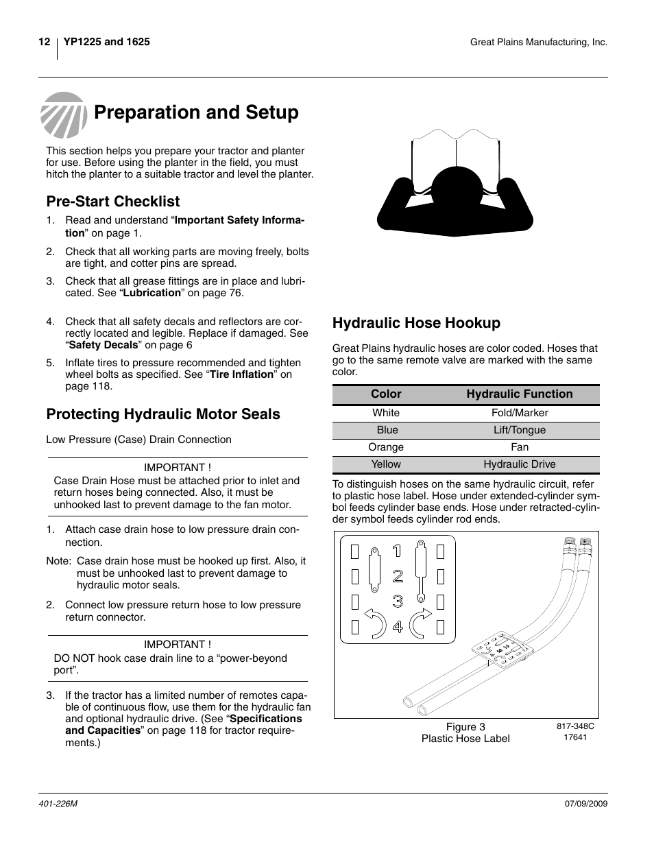 Preparation and setup, Pre-start checklist, Protecting hydraulic motor seals | Hydraulic hose hookup | Great Plains YP1625 Operator Manual User Manual | Page 16 / 134