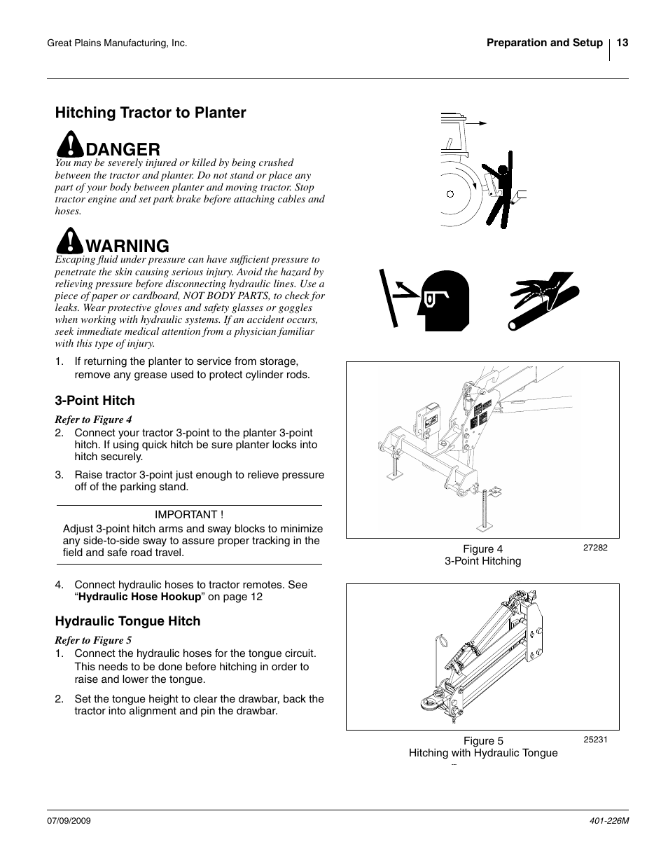 Hitching tractor to planter, Point hitch, Hydraulic tongue hitch | Point hitch hydraulic tongue hitch, Danger, Warning | Great Plains YP1625 Operator Manual User Manual | Page 17 / 134